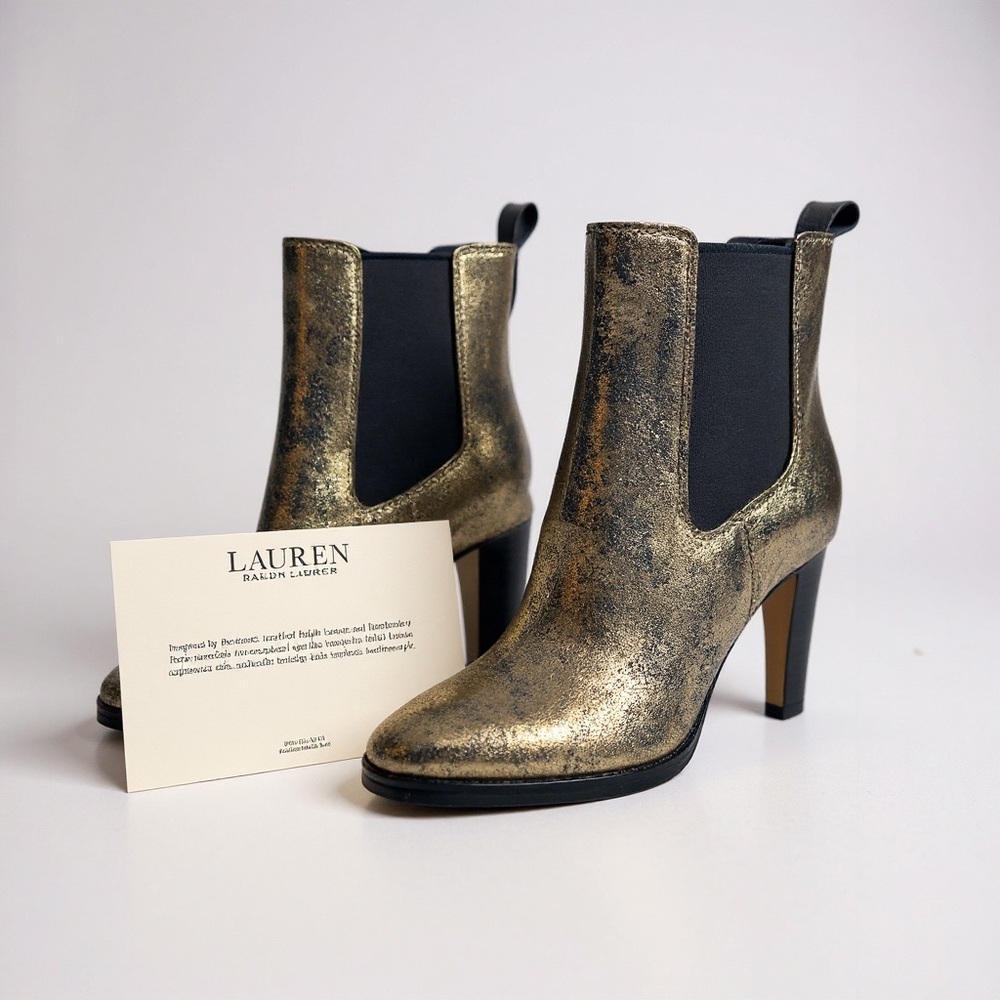 Lauren Ralph Lauren Mylah Metallic Leather Chelsea Boots 5B EU 35 Gold Distress